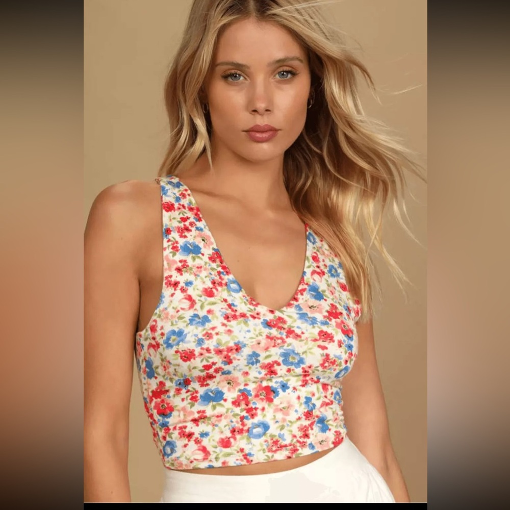 Lulus Feel Like Dancing Ivory Multi Floral Print Crop Top Juniors size M